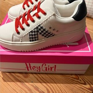 Ladies Hey Girl White Sneakers with Red Laces and houndstooth.